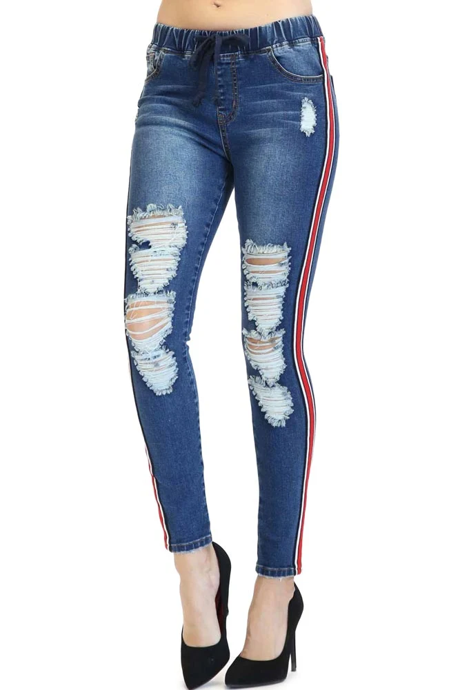 Women's Ripped Denim Jogger with Stripe - Image 2