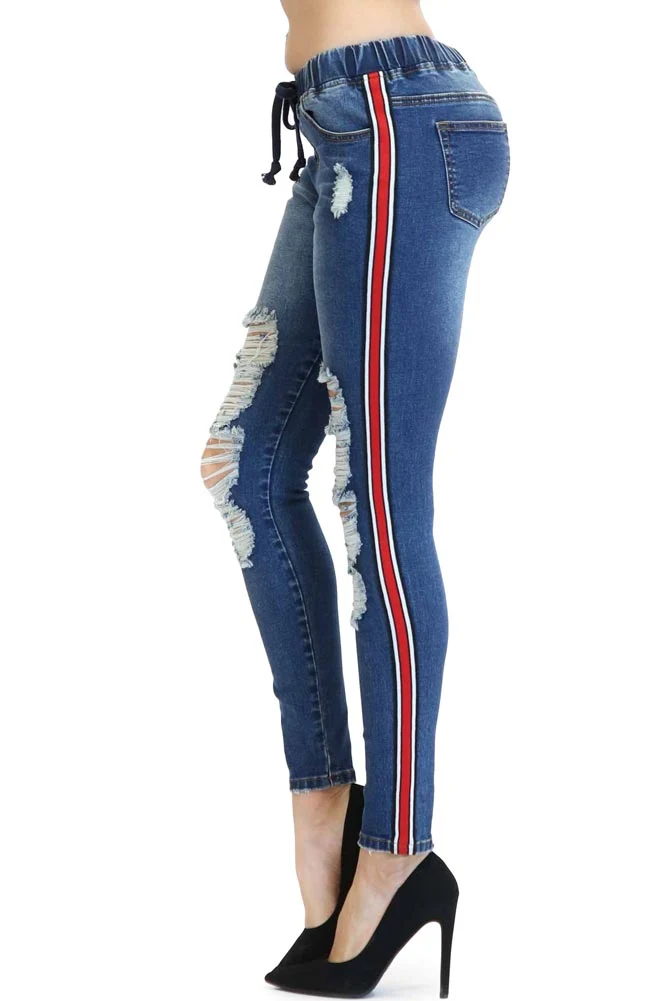 Women's Ripped Denim Jogger with Stripe - Image 3
