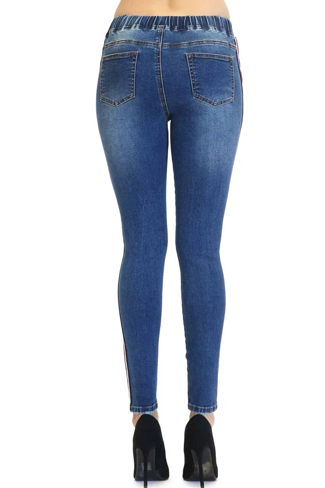 Women's Ripped Denim Jogger with Stripe - Image 4