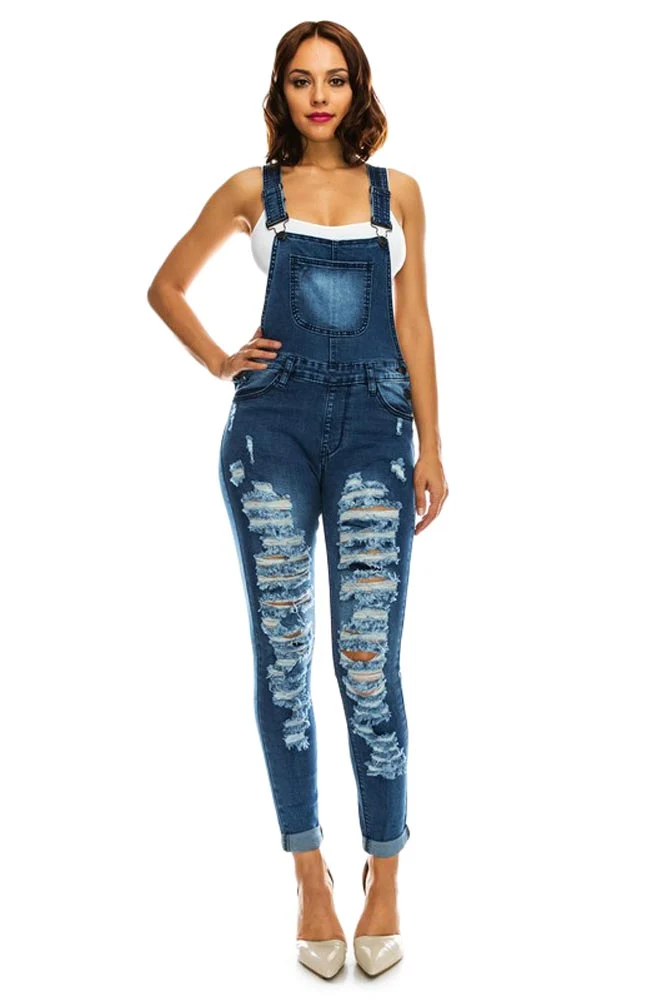 Women's Ripped Up Skinny Overalls - Image 12