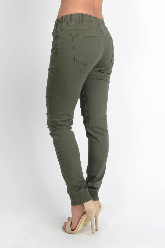 Women's Solid Thrashed Skinny Jogger Pants - Image 9