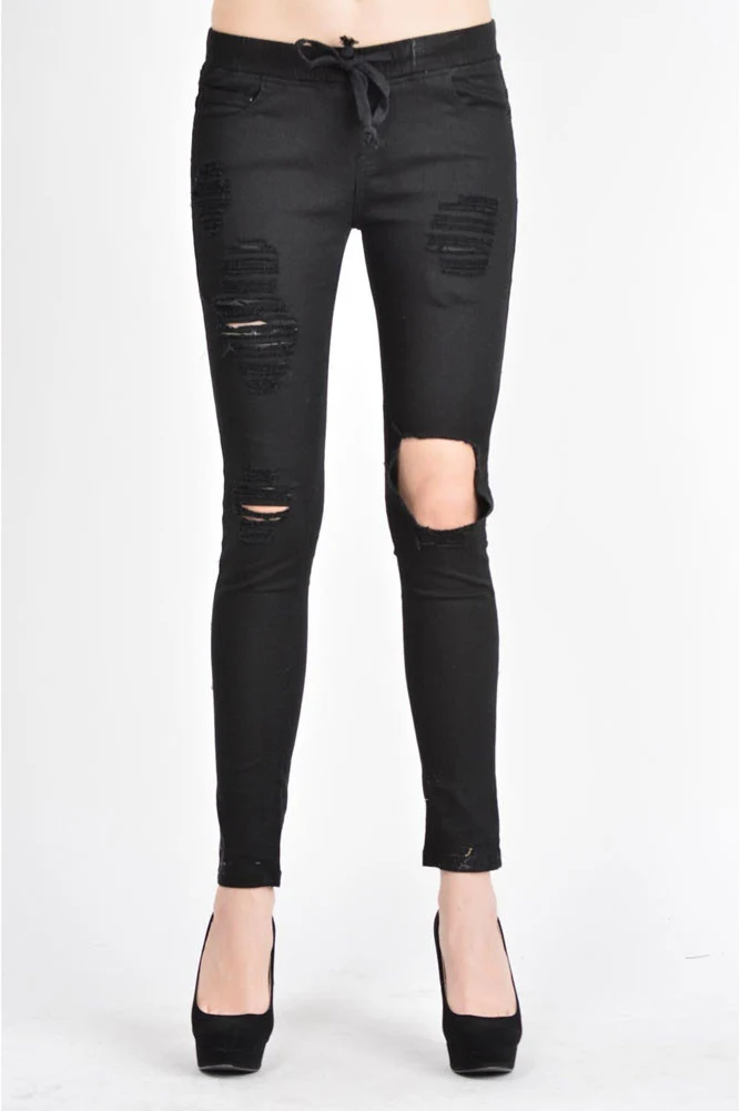 Women's Solid Torn Skinny Jogger Pants - Image 2
