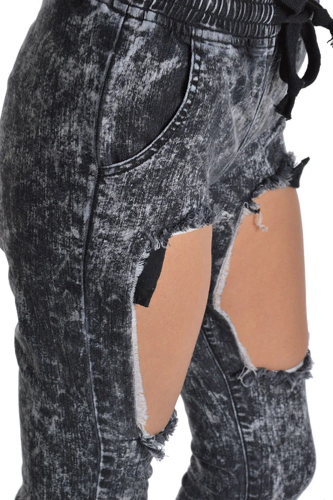 Women's Torn Acid Wash Denim Jogger Pants - Image 12